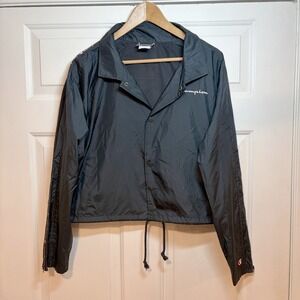 Champion Womens L Black Cropped Windbreaker Coach Track Jacket Logo Taping